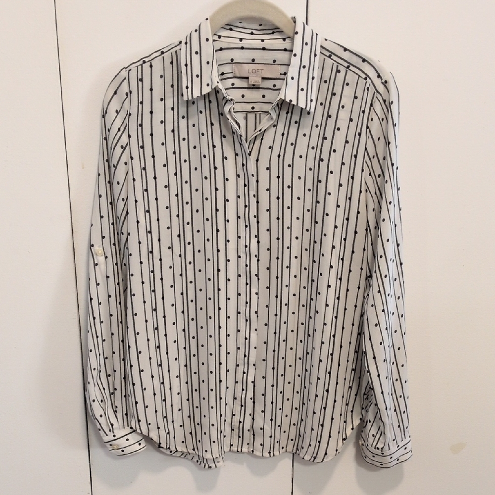 LOFT  White Blouse with Black Dots and Lines